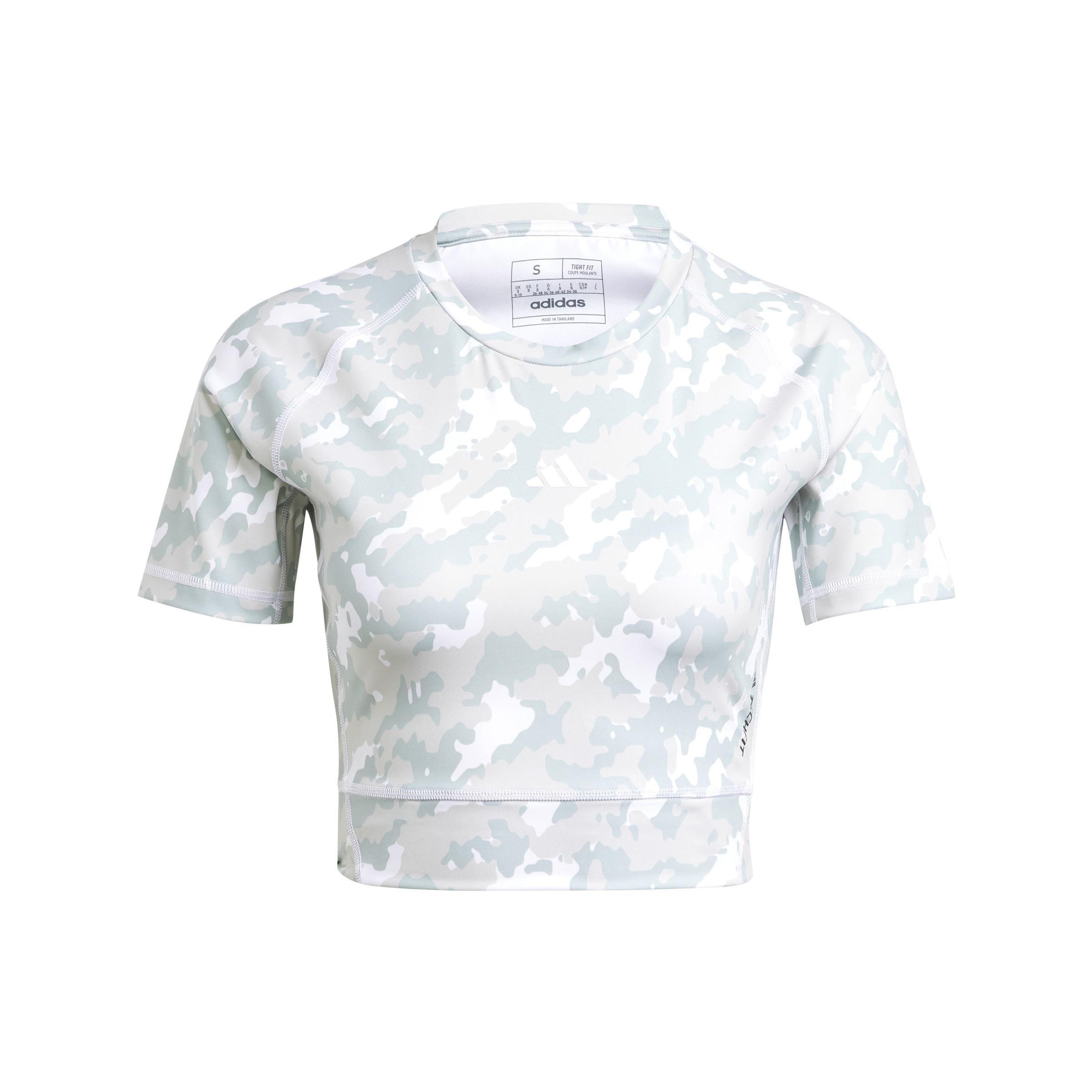 Techfit Camo Print Crop Training T-Shirt, Grey, A901_ONE, medium