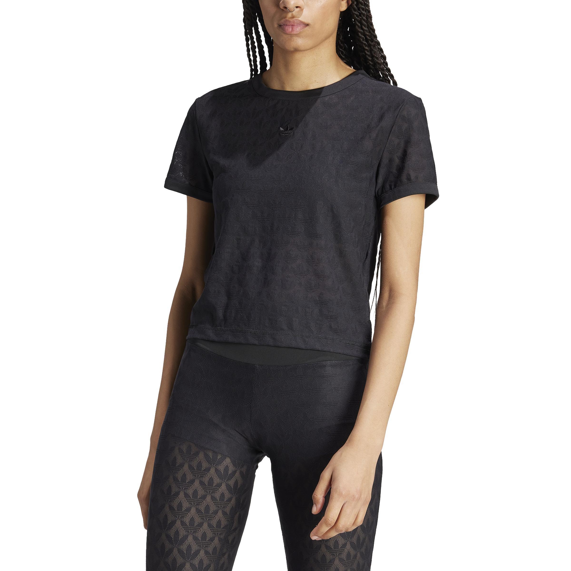 Fashion Monogram Lace Cropped T-Shirt, Black, A901_ONE, large image number 0