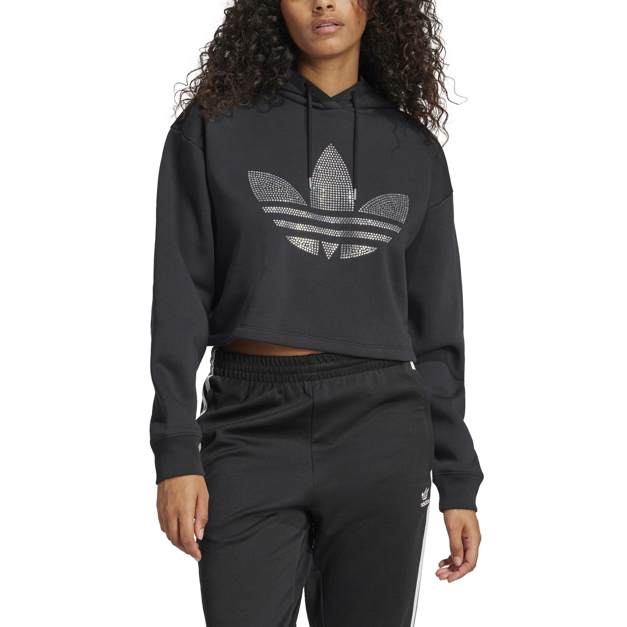 Rhinestone Trefoil Loose Crop Hoodie, Black, A901_ONE, medium