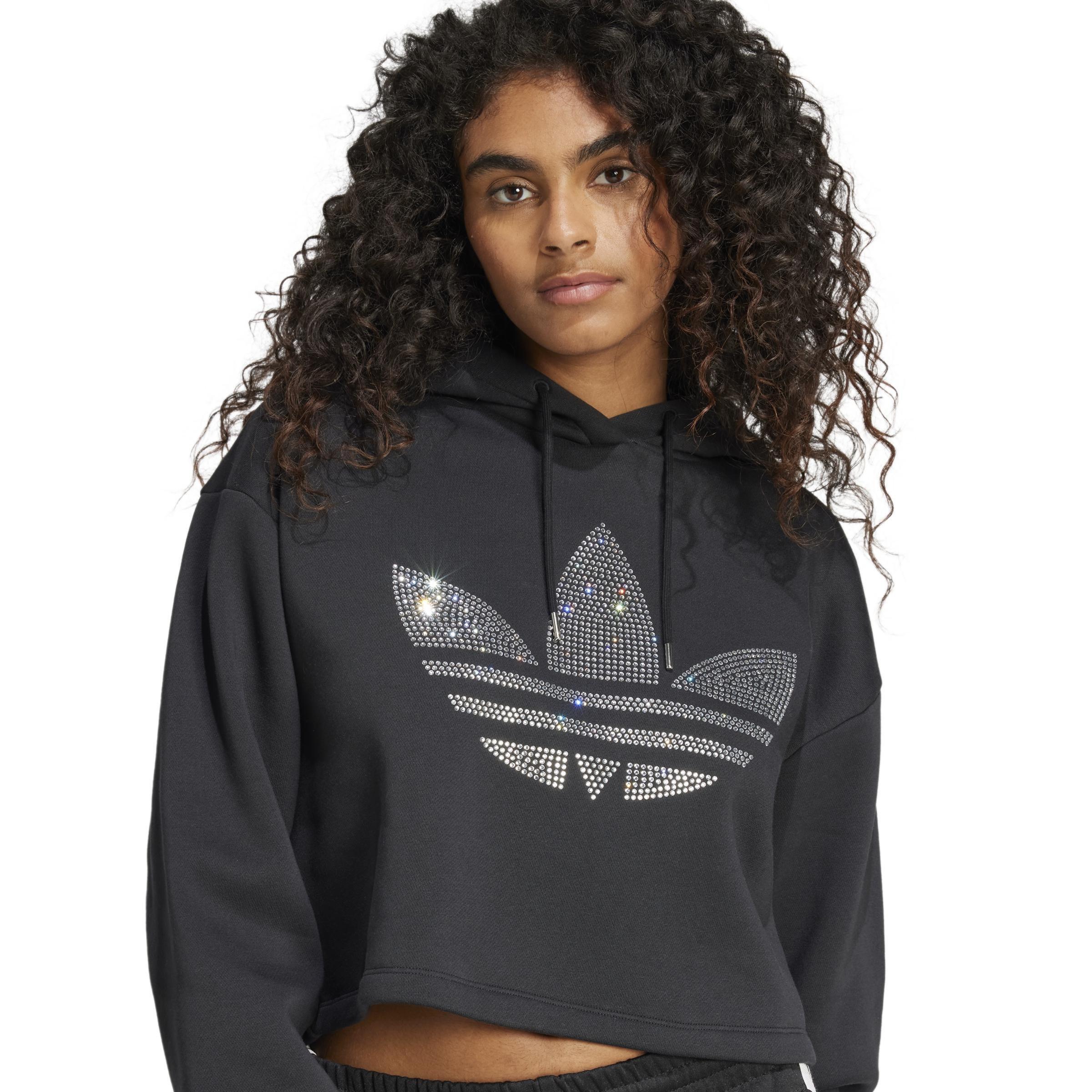 Rhinestone Trefoil Loose Crop Hoodie, Black, A901_ONE, large image number 4
