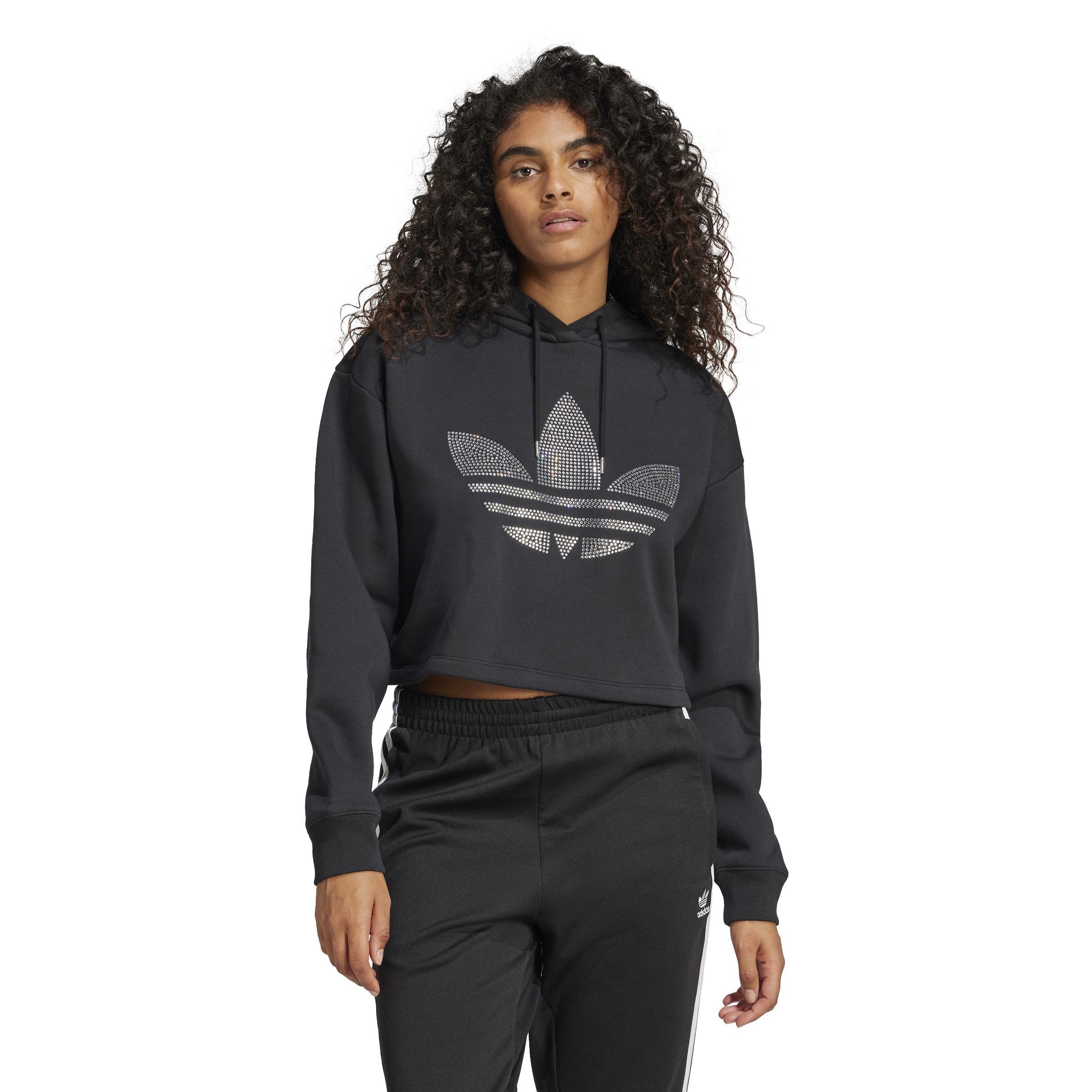 Rhinestone Trefoil Loose Crop Hoodie, Black, A901_ONE, large image number 6