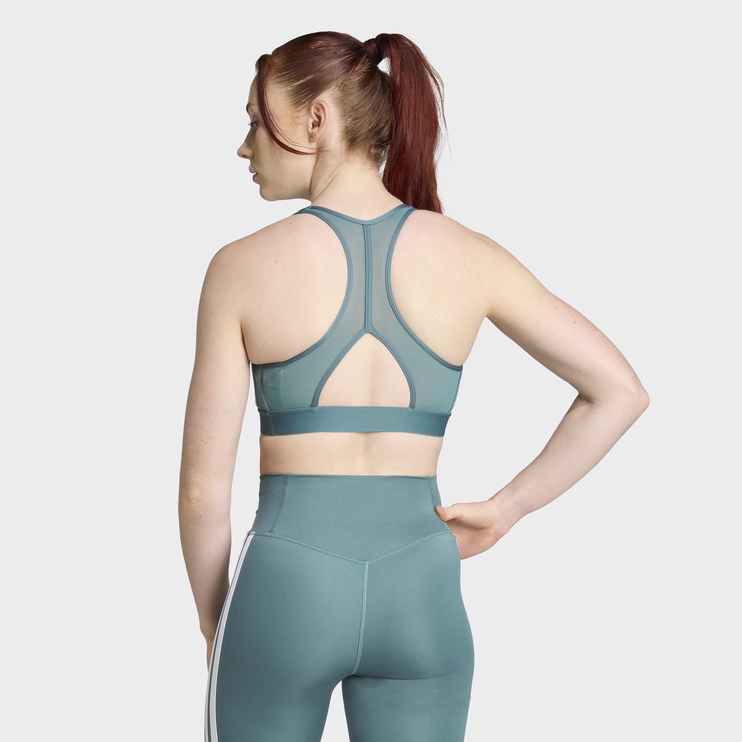 Powerreact Train Medium-Support 3-Stripes Bra, Green, A901_ONE, large image number 3