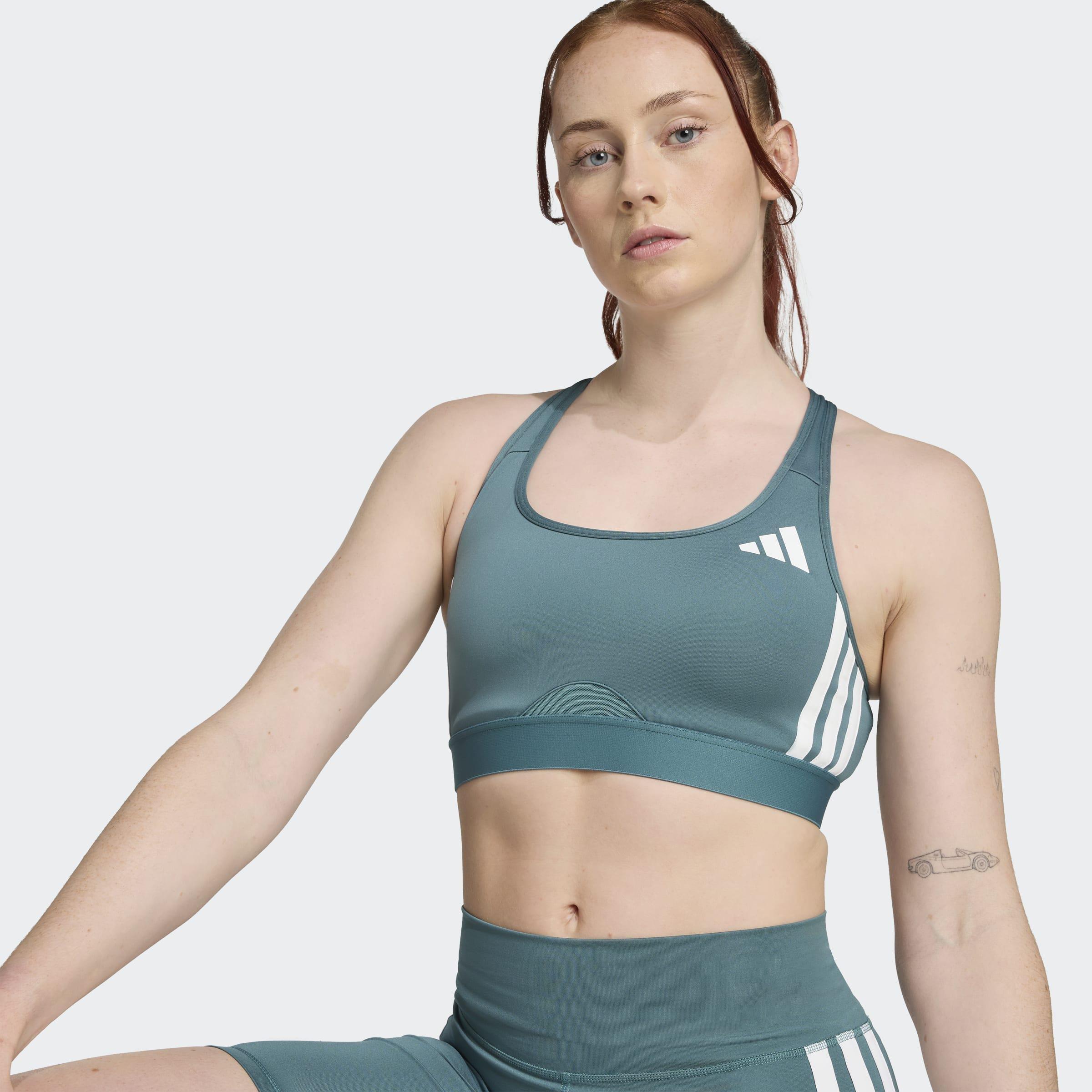 Powerreact Train Medium-Support 3-Stripes Bra, Green, A901_ONE, large image number 5
