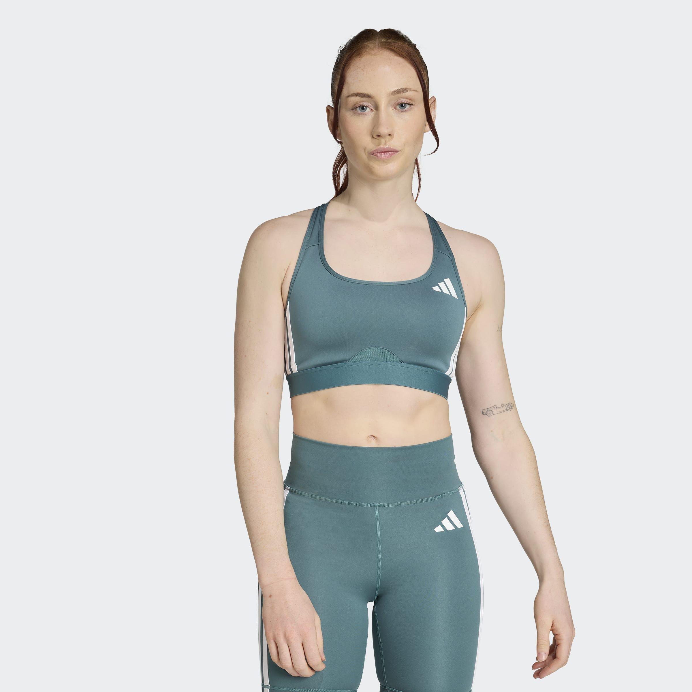 Powerreact Train Medium-Support 3-Stripes Bra, Green, A901_ONE, large image number 6
