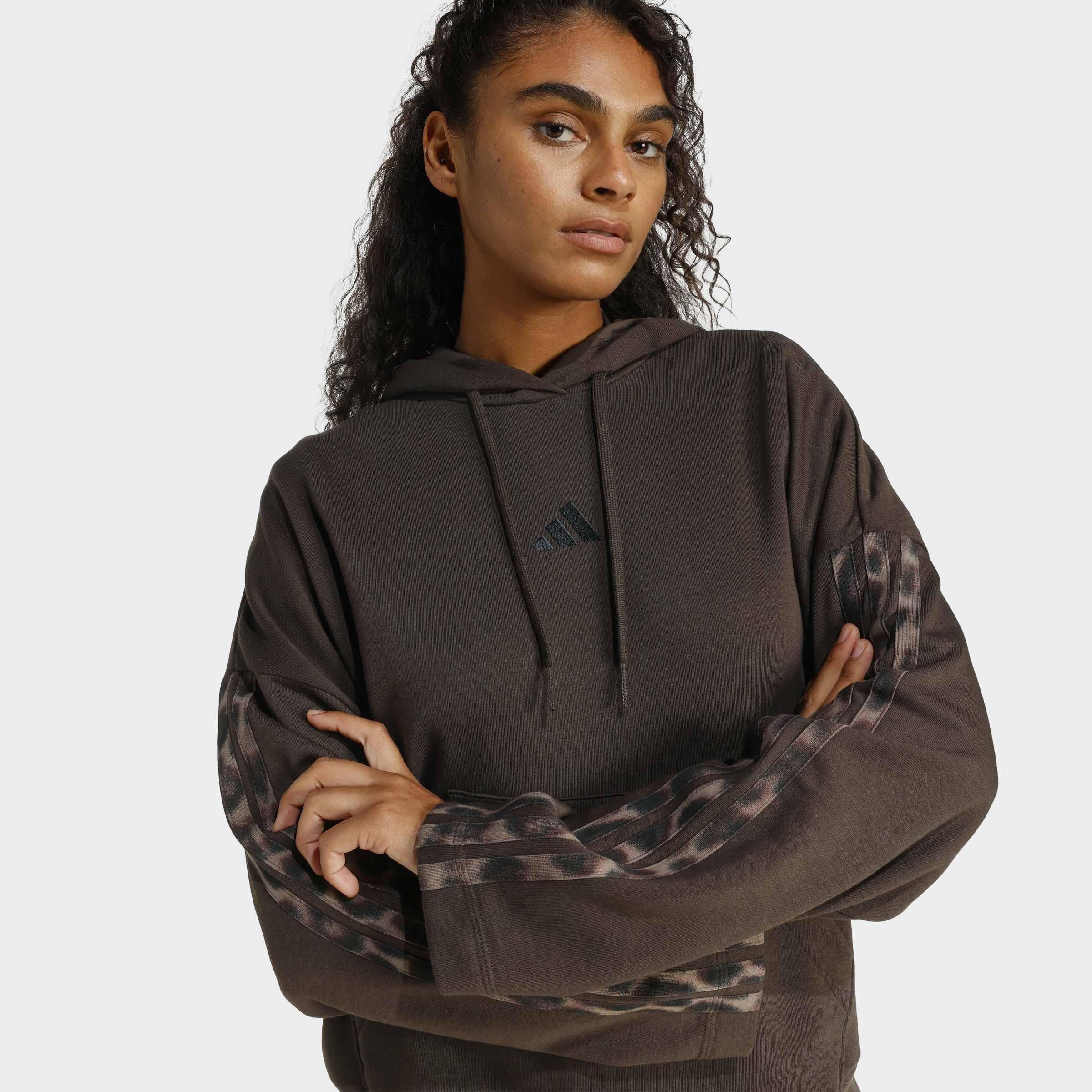Seasonal Essentials Leopard Print French Terry Hoodie with 3-Stripes, Brown, A901_ONE, large image number 3