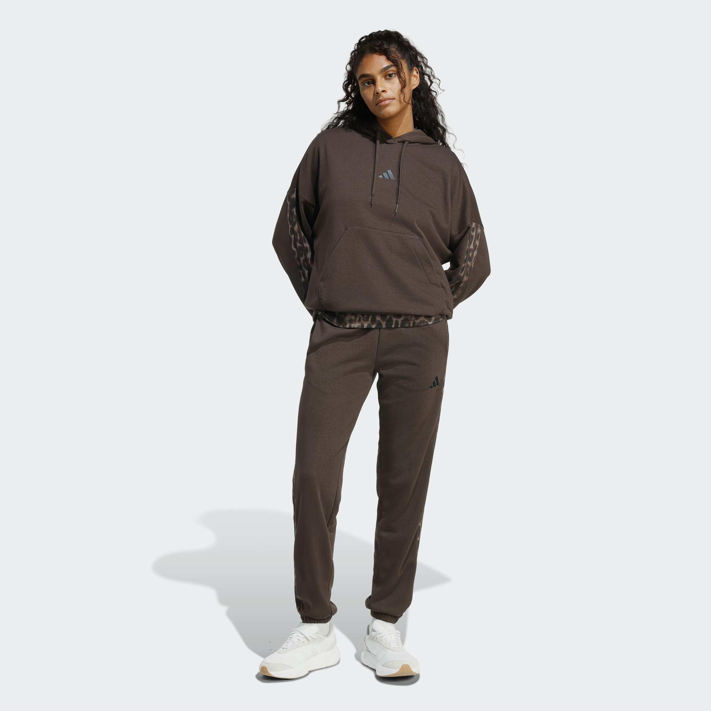 Seasonal Essentials Leopard Print French Terry Hoodie with 3-Stripes, Brown, A901_ONE, large image number 4