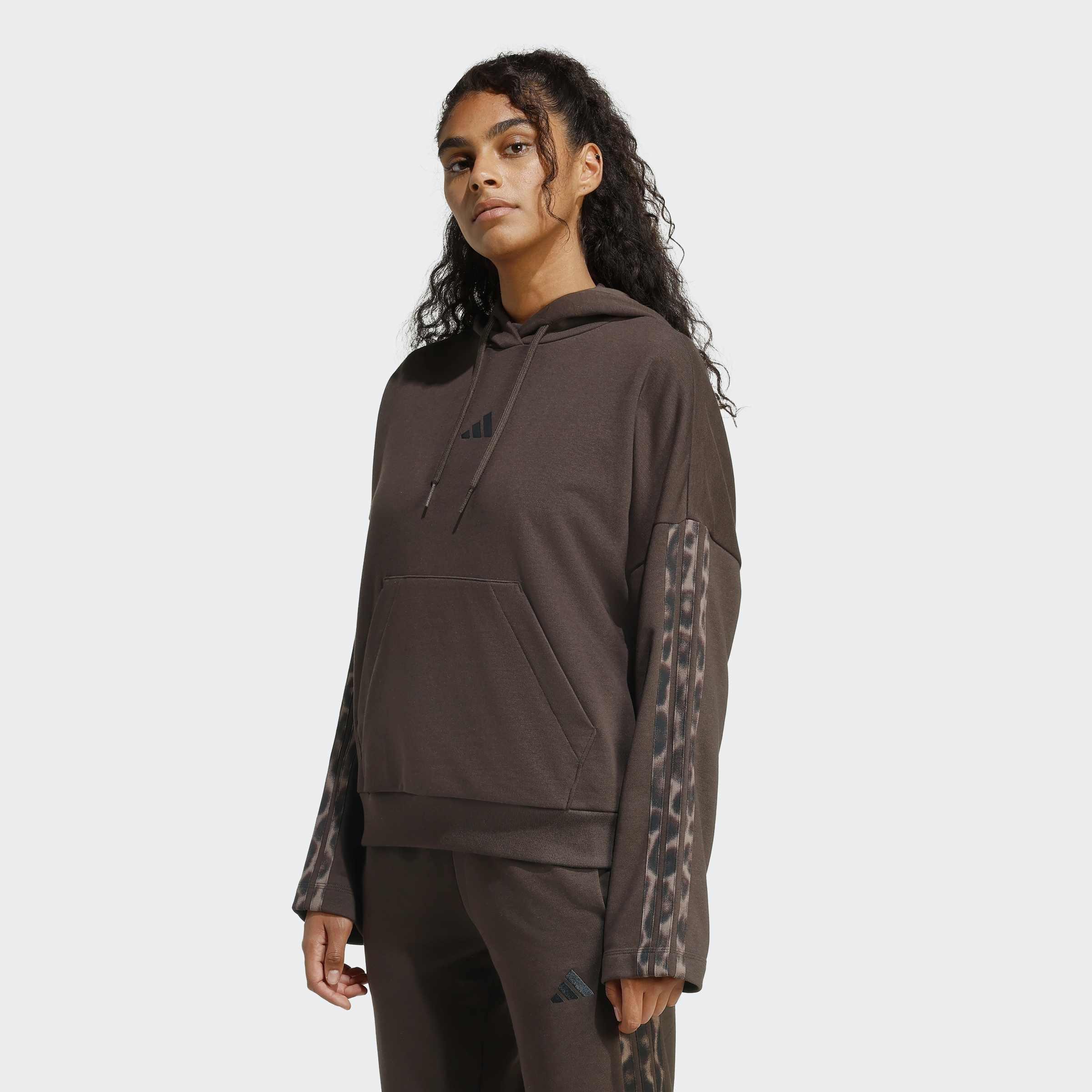 Seasonal Essentials Leopard Print French Terry Hoodie with 3-Stripes, Brown, A901_ONE, large image number 5