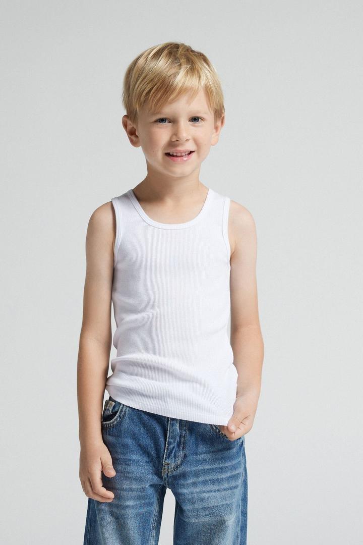 White Ribbed Superior Cotton Vest Top, Kids Boys, White, large image number 0