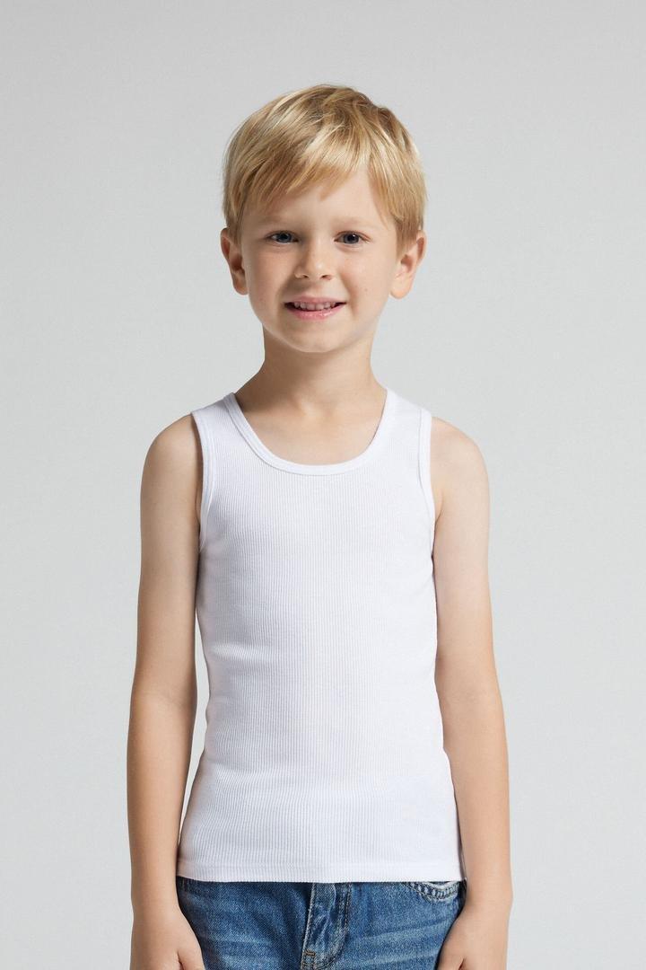 White Ribbed Superior Cotton Vest Top, Kids Boys, White, large image number 1