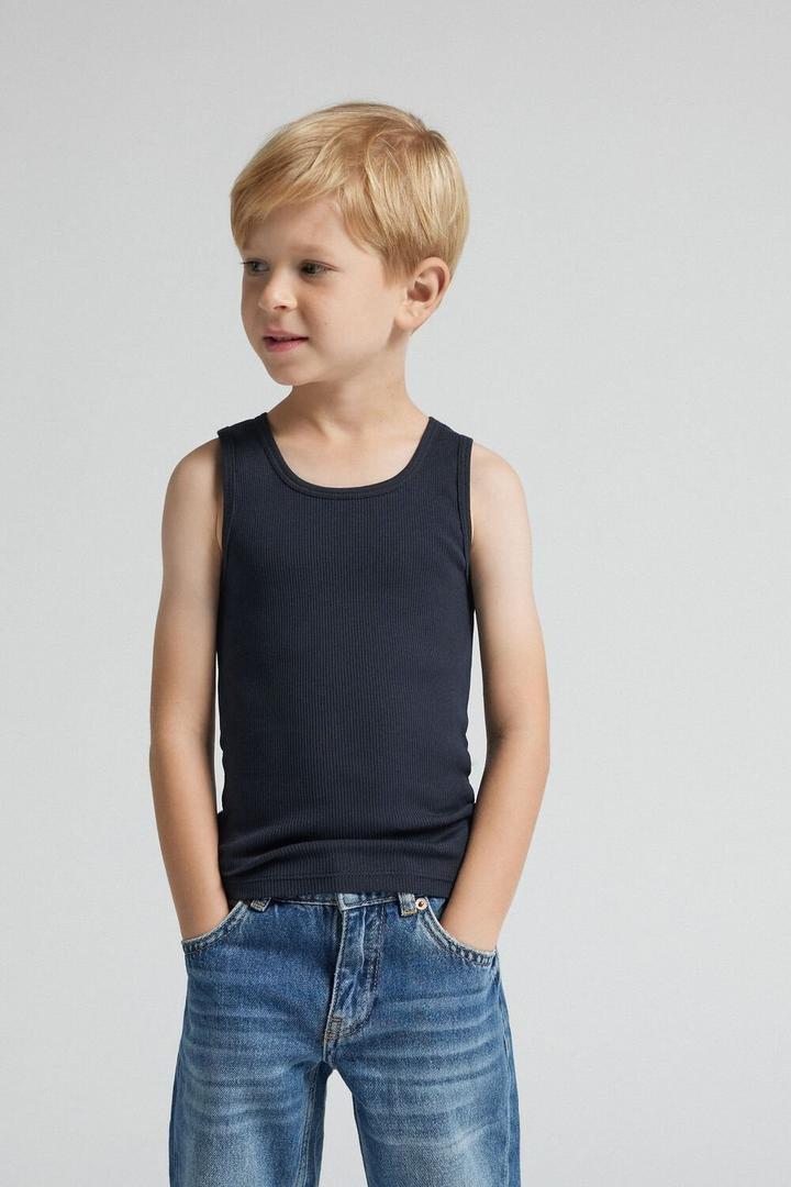Navy Ribbed Superior Cotton Vest Top, Kids Boys, Midnight Blue, medium