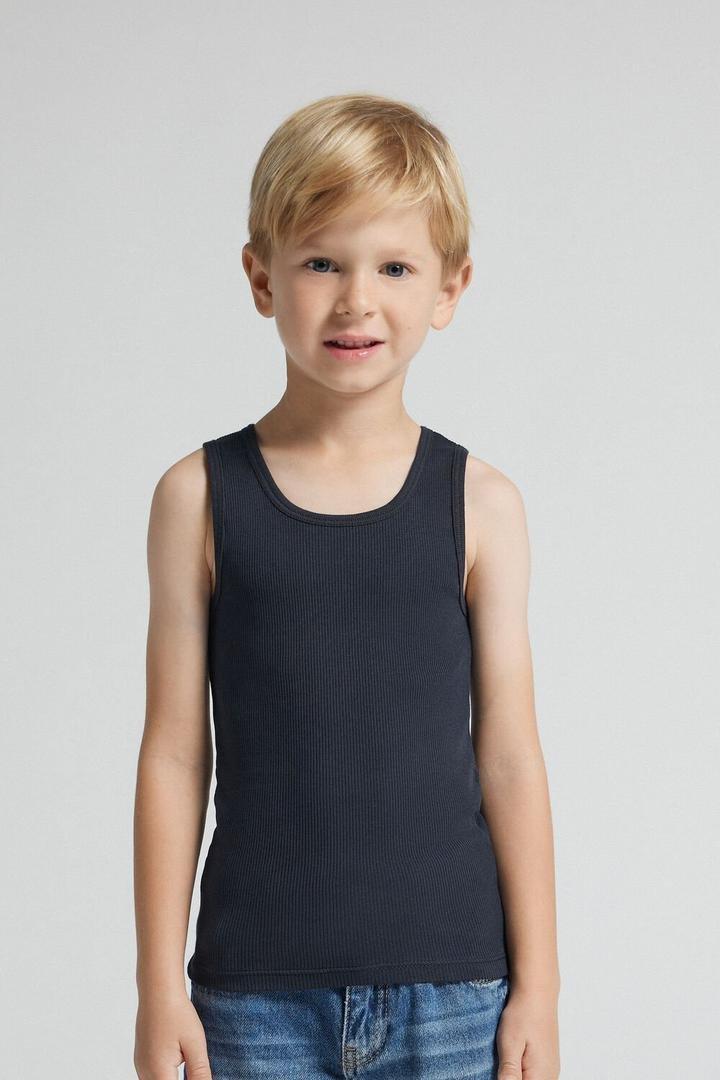 Navy Ribbed Superior Cotton Vest Top, Kids Boys, Midnight Blue, large image number 1