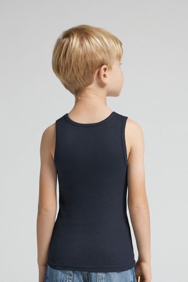 Navy Ribbed Superior Cotton Vest Top, Kids Boys, Midnight Blue, large image number 2
