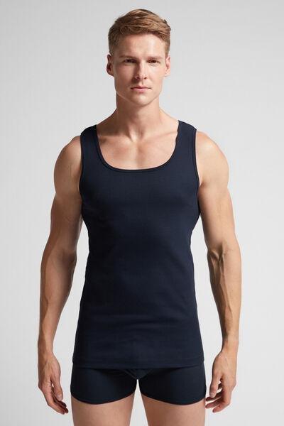 Blue Ribbed Superior Cotton Vest Top, , medium