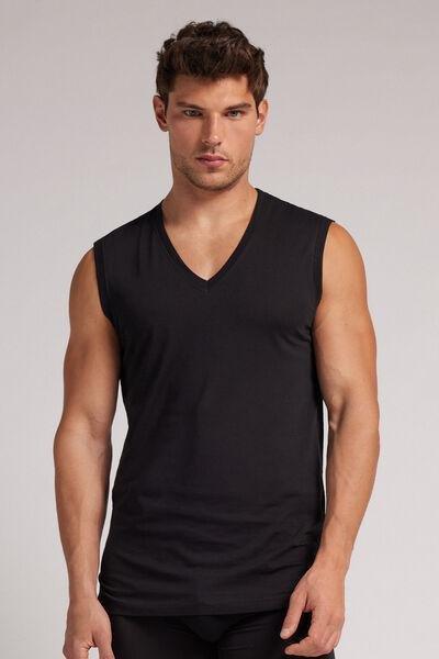 Black V-Neck Superior Cotton Vest Top, , medium