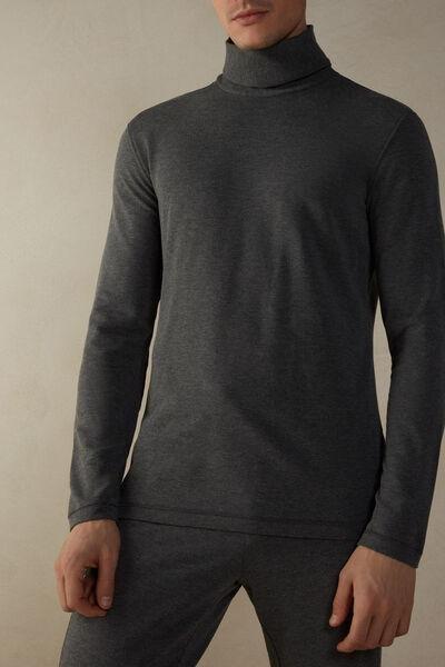 Grey Long-Sleeved High Neck Modalcashmere Top, , medium