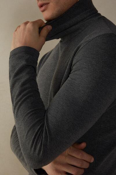 Grey Long-Sleeved High Neck Modalcashmere Top, , large image number 1