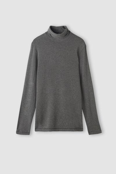 Grey Long-Sleeved High Neck Modalcashmere Top, , large image number 2