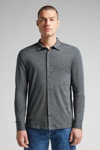 Grey Long Sleeve Wool Shirt, Charcoal Grey Blend, large image number 0