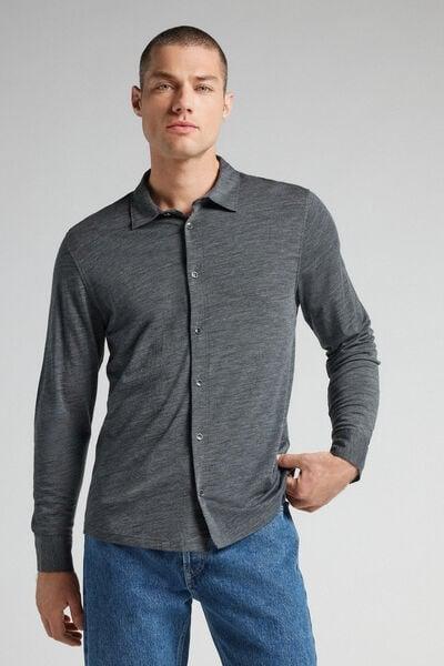 Grey Long Sleeve Wool Shirt, Charcoal Grey Blend, large image number 1