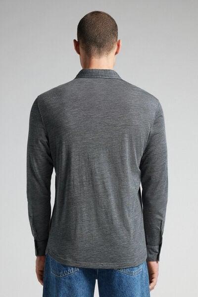 Grey Long Sleeve Wool Shirt, Charcoal Grey Blend, large image number 3