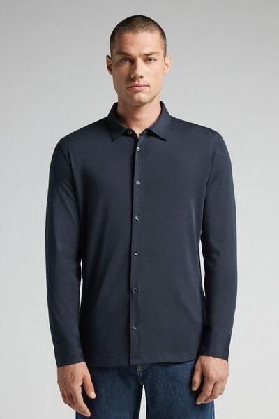 Navy Long Sleeve Merino Wool Shirt, Midnight Blue, large image number 0