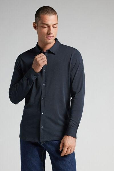 Navy Long Sleeve Merino Wool Shirt, Midnight Blue, large image number 1