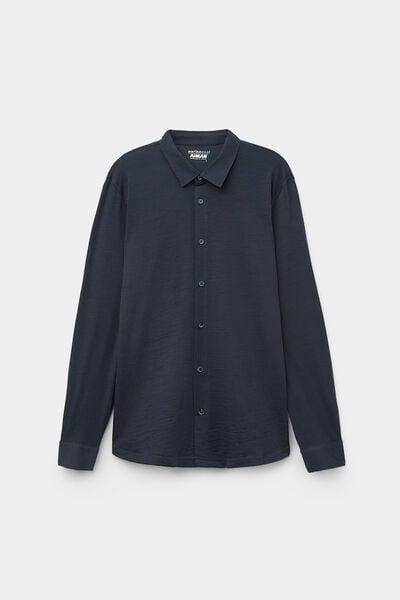 Navy Long Sleeve Merino Wool Shirt, Midnight Blue, medium