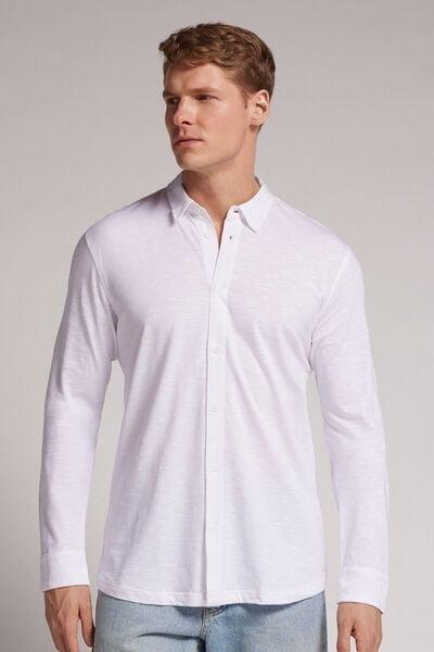 White Long-Sleeved Slub Shirt, White, medium