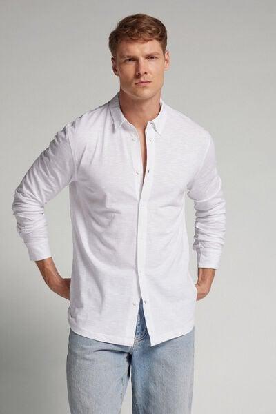 White Long-Sleeved Slub Shirt, White, medium