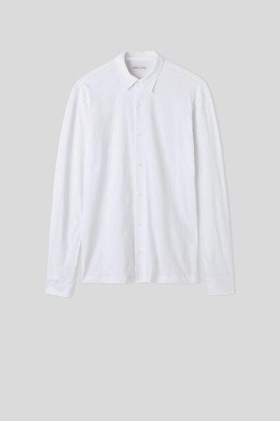 White Long-Sleeved Slub Shirt, White, medium