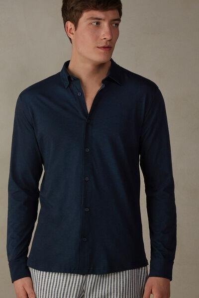 Blue Long-Sleeved Slub Cotton Shirt, , large image number 0