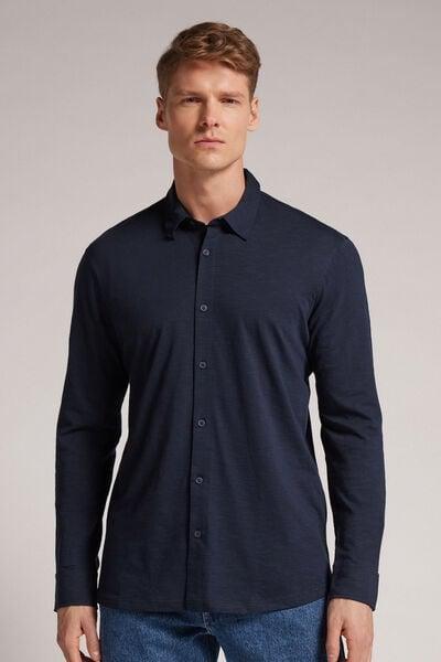 Blue Long-Sleeved Slub Cotton Shirt, Midnight Blue, medium