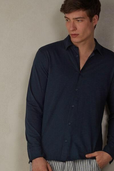 Blue Long-Sleeved Slub Cotton Shirt, , large image number 1