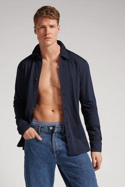 Blue Long-Sleeved Slub Cotton Shirt, Midnight Blue, medium
