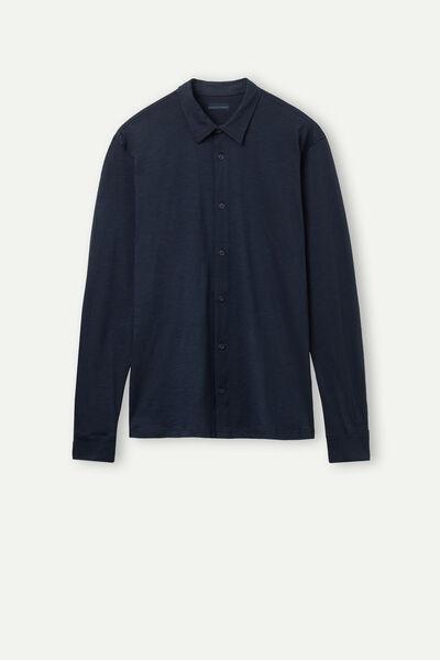 Blue Long-Sleeved Slub Cotton Shirt, , large image number 2