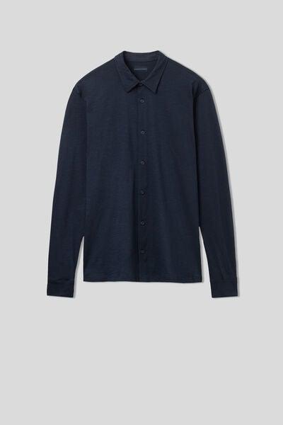 Blue Long-Sleeved Slub Cotton Shirt, Midnight Blue, medium