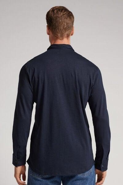 Blue Long-Sleeved Slub Cotton Shirt, Midnight Blue, large image number 3