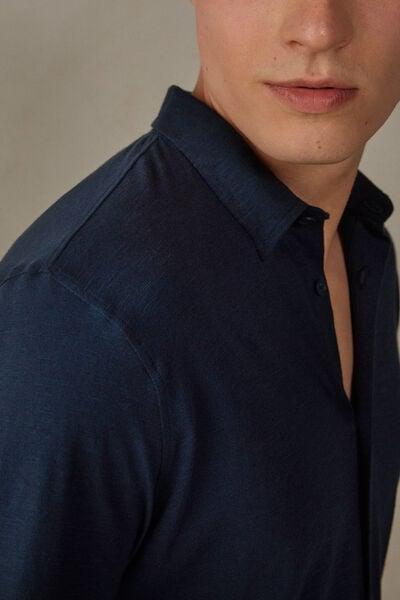 Blue Long-Sleeved Slub Cotton Shirt, Midnight Blue, large image number 5