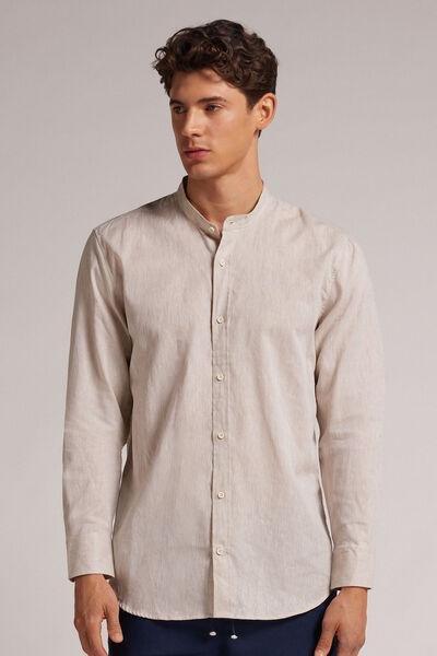 Natural - 917I - White Linen Linen and Cotton Mandarin-Collar Shirt, , large image number 0
