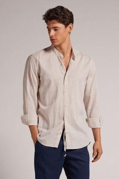Natural - 917I - White Linen Linen and Cotton Mandarin-Collar Shirt, , large image number 1