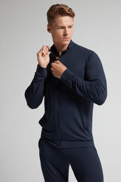 Blue Silk Modal Zip-Up Sweatshirt, , large image number 1