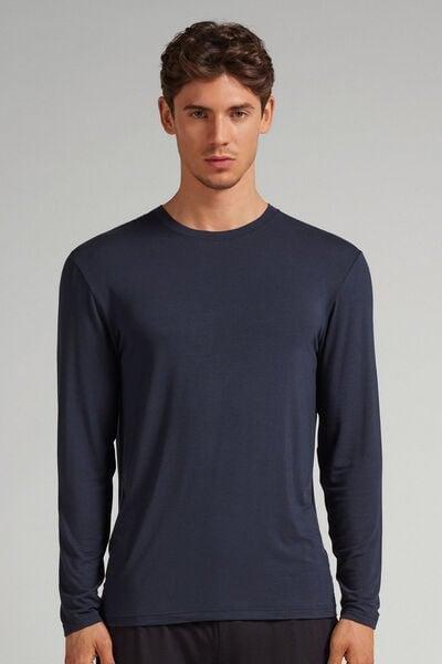 Blue Soft Silk Long-Sleeved Top, Midnight Blue, large image number 0