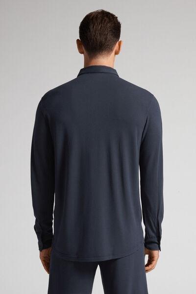 Blue Silk Modal Pique Shirt, Midnight Blue, large image number 3