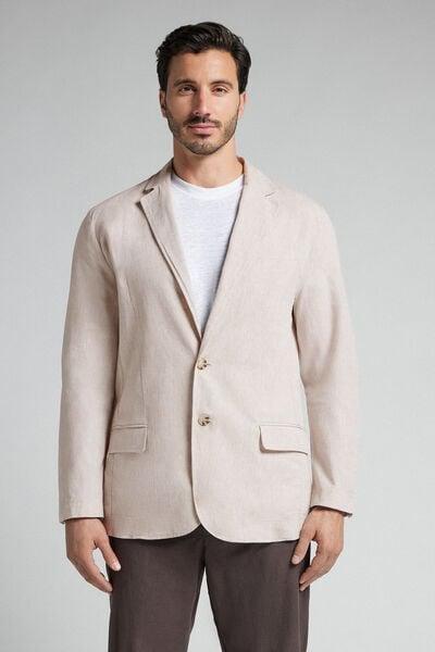 Beige Cotton And Linen Canvas Blazer, , medium