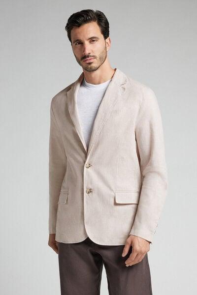 Beige Cotton And Linen Canvas Blazer, , large image number 2
