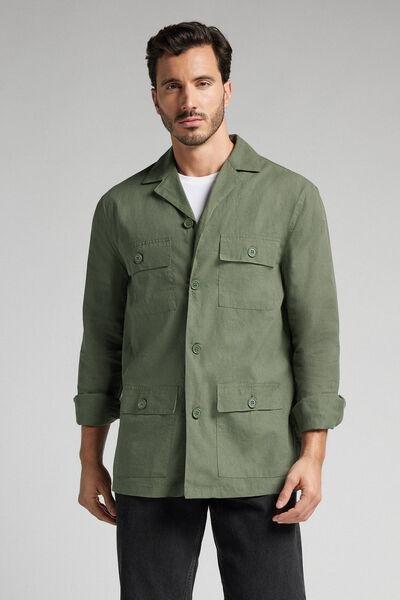 Green Linen And Cotton Safari Jacket, B601_933J, large image number 1