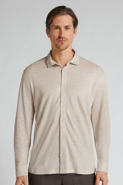 Beige Long Sleeve 100% Soft Linen Shirt, B601_959I, large image number 0