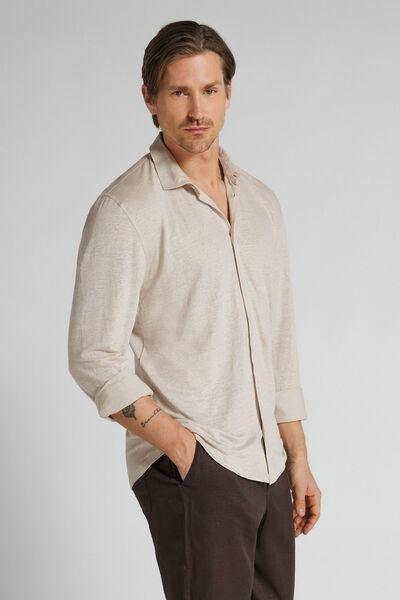 Beige Long Sleeve 100% Soft Linen Shirt, B601_959I, large image number 1