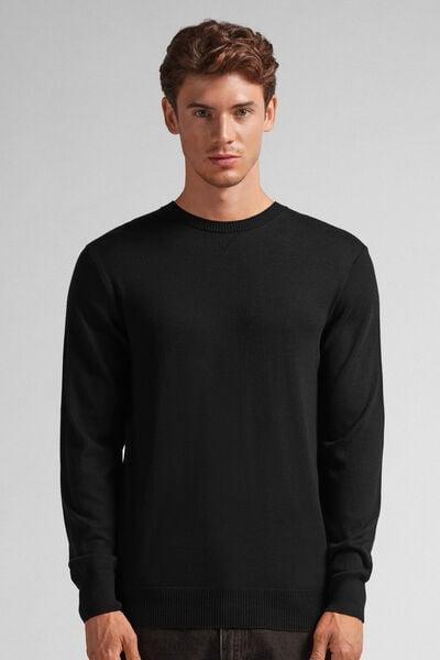 Black Long-Sleeved Round-Neck Jersey Top, Black, large image number 0