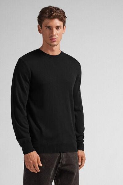 Black Long-Sleeved Round-Neck Jersey Top, Black, large image number 1